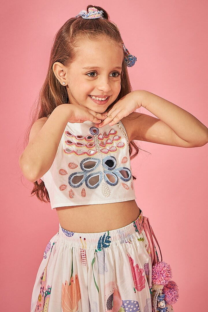 White Cotton Chanderi Printed Lehenga Set For Girls by Joey and Pooh Kids at Pernia's Pop Up Shop