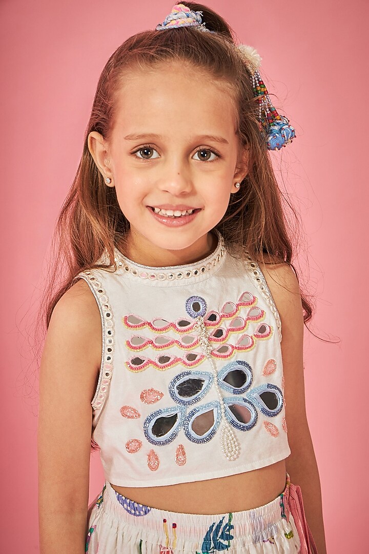 White Cotton Chanderi Printed Lehenga Set For Girls by Joey and Pooh Kids at Pernia's Pop Up Shop