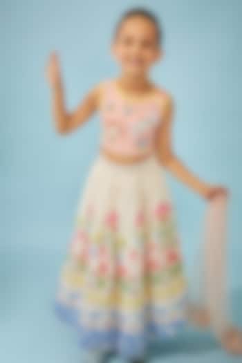 White Cotton Chanderi Printed Lehenga Set For Girls by Joey and Pooh Kids at Pernia's Pop Up Shop