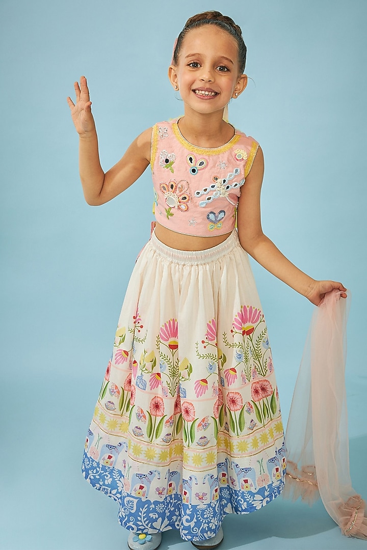 White Cotton Chanderi Printed Lehenga Set For Girls by Joey and Pooh Kids at Pernia's Pop Up Shop