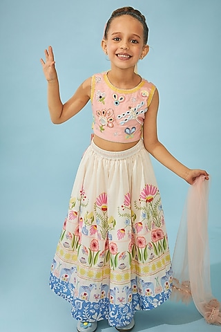 White Cotton Chanderi Printed Lehenga Set For Girls by Joey and Pooh Kids