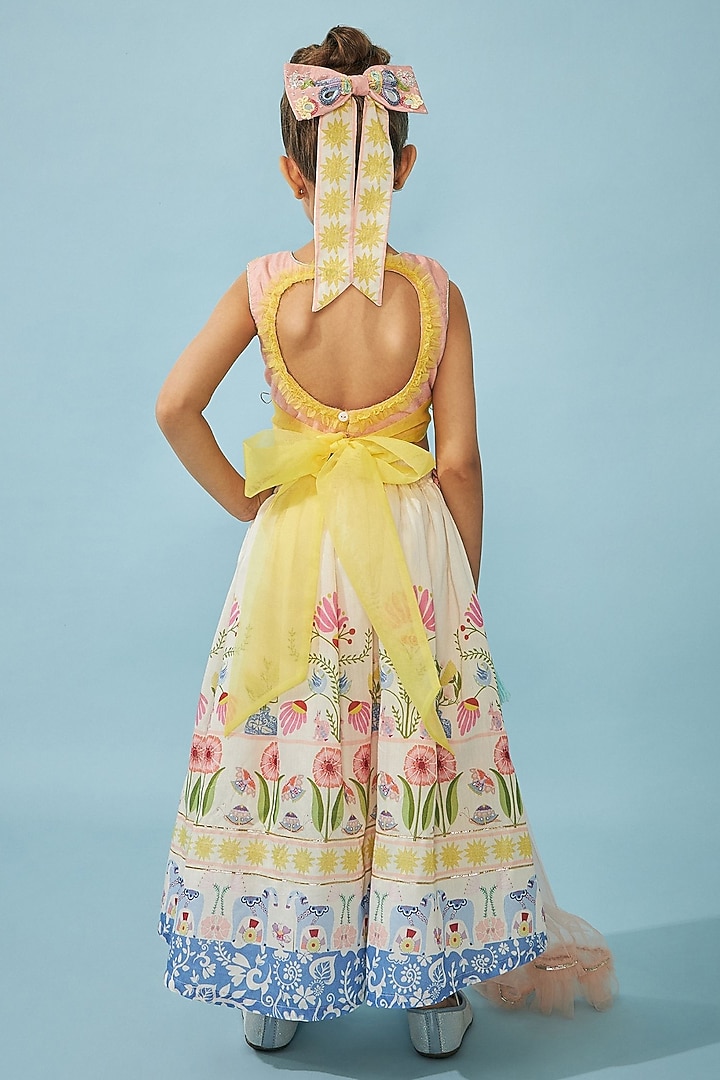White Cotton Chanderi Printed Lehenga Set For Girls by Joey and Pooh Kids at Pernia's Pop Up Shop