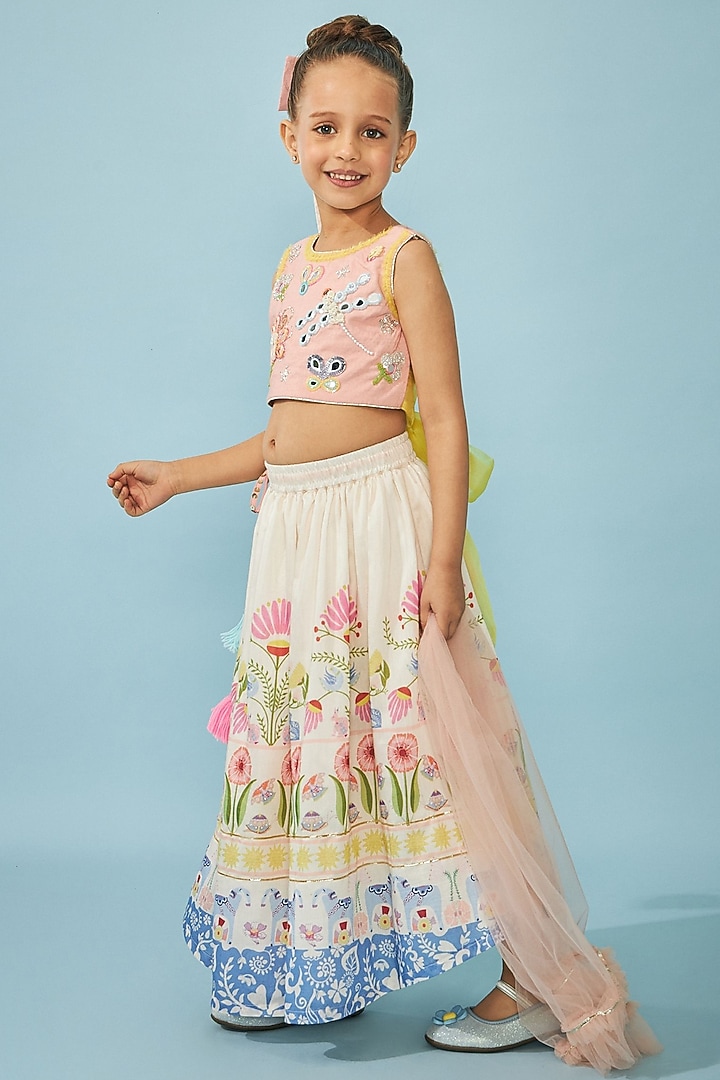 White Cotton Chanderi Printed Lehenga Set For Girls by Joey and Pooh Kids at Pernia's Pop Up Shop