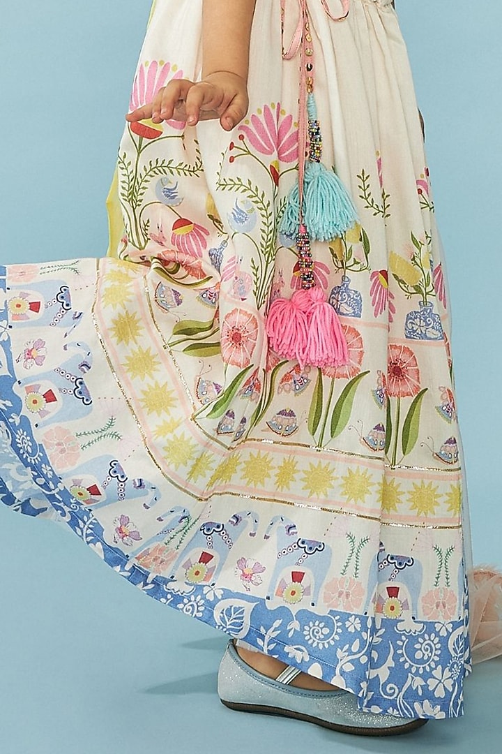 White Cotton Chanderi Printed Lehenga Set For Girls by Joey and Pooh Kids at Pernia's Pop Up Shop