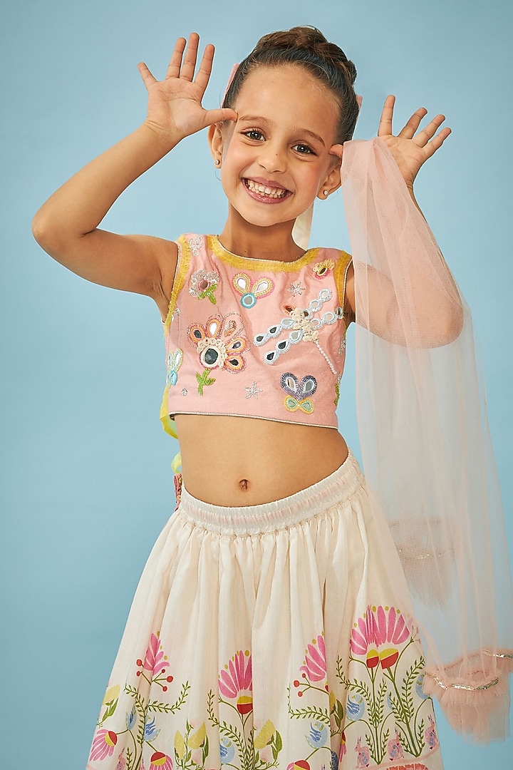 White Cotton Chanderi Printed Lehenga Set For Girls by Joey and Pooh Kids at Pernia's Pop Up Shop