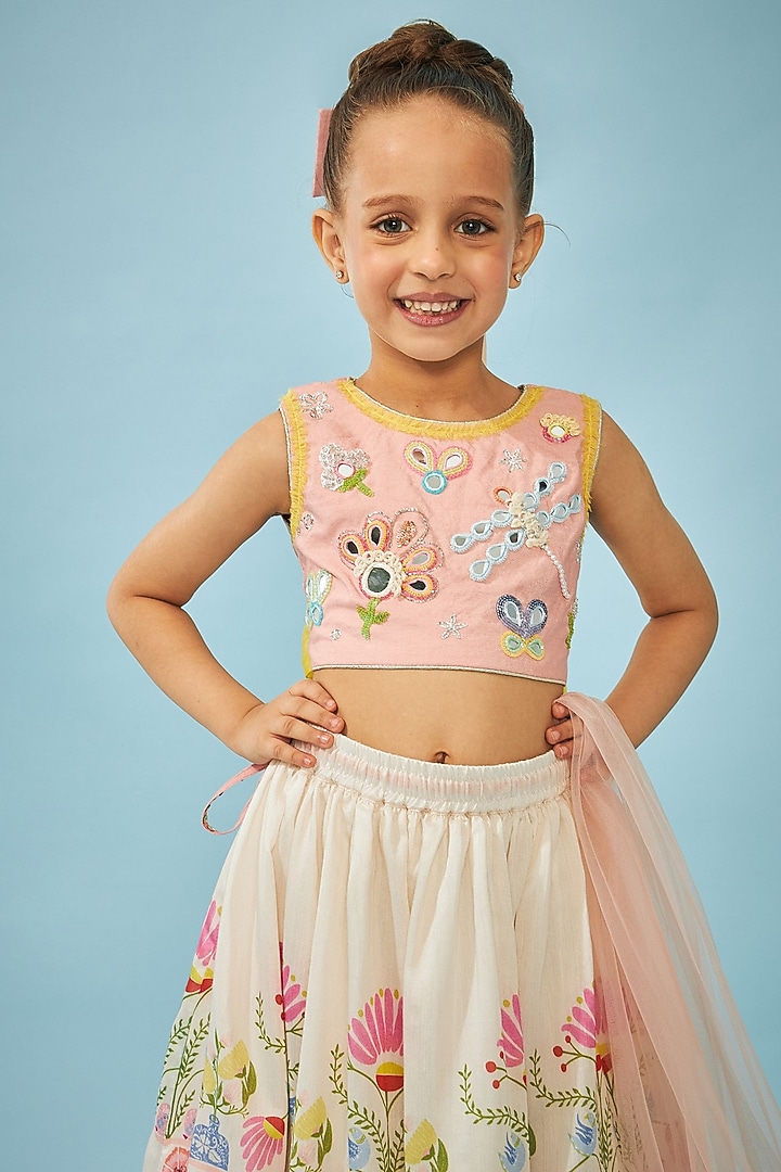 White Cotton Chanderi Printed Lehenga Set For Girls by Joey and Pooh Kids at Pernia's Pop Up Shop