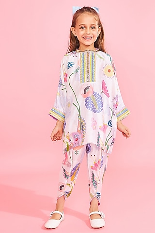 White Cotton Chanderi Printed & Embroidered Tunic Set For Girls by Joey and Pooh Kids