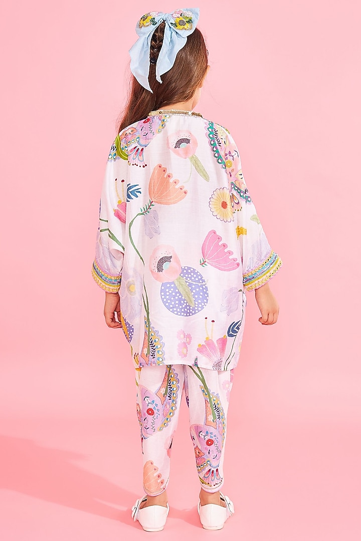 White Cotton Chanderi Printed & Embroidered Tunic Set For Girls by Joey and Pooh Kids at Pernia's Pop Up Shop