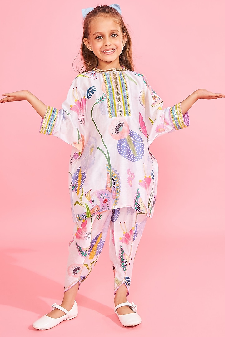 White Cotton Chanderi Printed & Embroidered Tunic Set For Girls by Joey and Pooh Kids at Pernia's Pop Up Shop