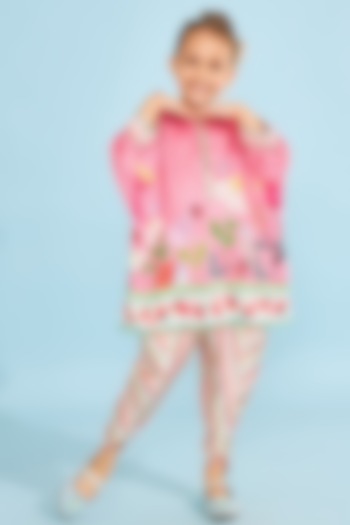 Pink Cotton Chanderi Embroidered Tunic Set For Girls by Joey and Pooh Kids at Pernia's Pop Up Shop