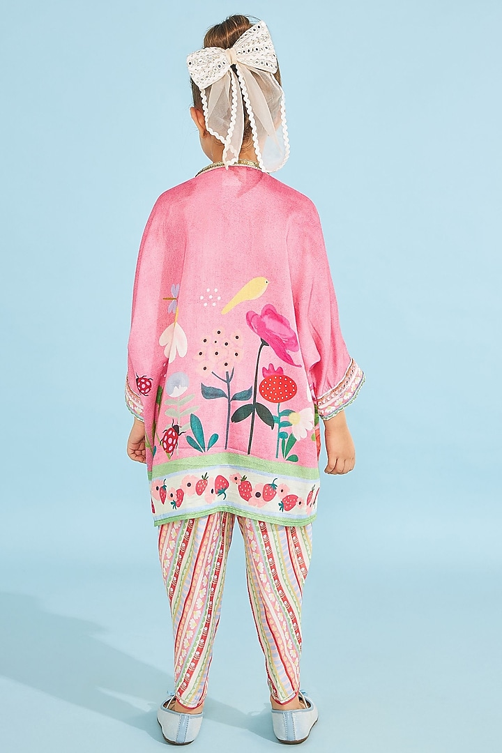 Pink Cotton Chanderi Embroidered Tunic Set For Girls by Joey and Pooh Kids at Pernia's Pop Up Shop