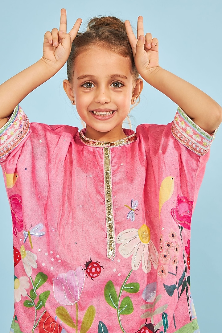 Pink Cotton Chanderi Embroidered Tunic Set For Girls by Joey and Pooh Kids at Pernia's Pop Up Shop