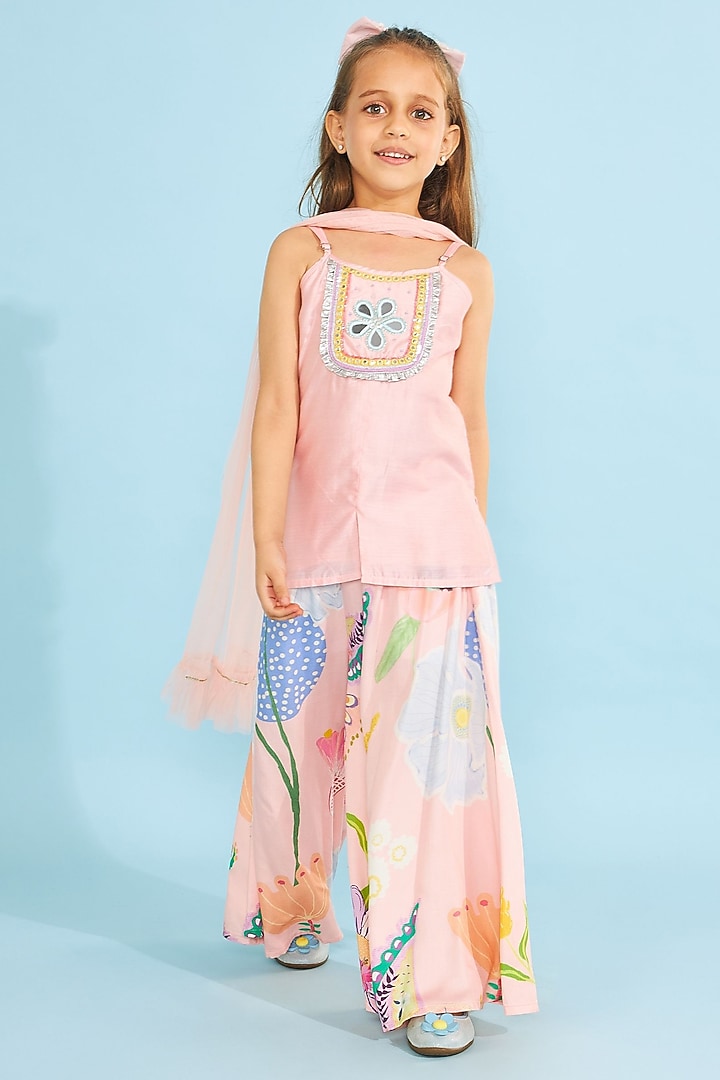 Peach Cotton Chanderi Co-Ord Set For Girls by Joey and Pooh Kids at Pernia's Pop Up Shop