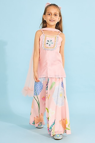 Peach Cotton Chanderi Co-Ord Set For Girls by Joey and Pooh Kids
