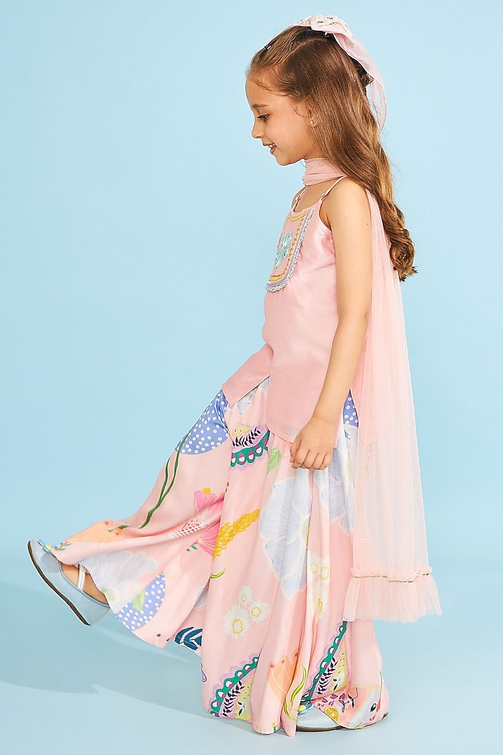 Peach Cotton Chanderi Co-Ord Set For Girls by Joey and Pooh Kids at Pernia's Pop Up Shop