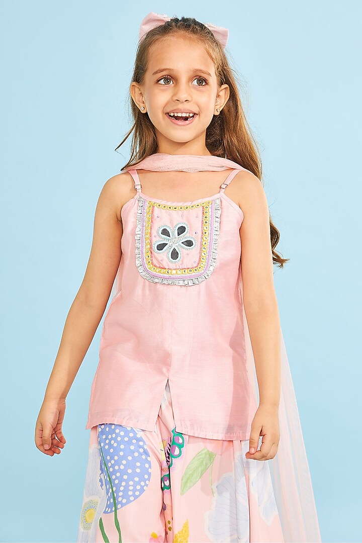 Peach Cotton Chanderi Co-Ord Set For Girls by Joey and Pooh Kids at Pernia's Pop Up Shop