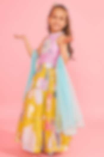 Yellow Cotton Chanderi Printed & Mirror Embroidered Lehenga Set For Girls by Joey and Pooh Kids at Pernia's Pop Up Shop