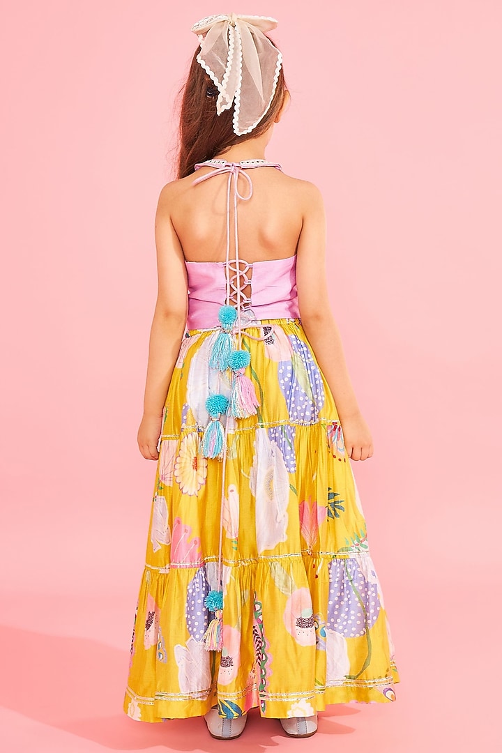 Yellow Cotton Chanderi Printed & Mirror Embroidered Lehenga Set For Girls by Joey and Pooh Kids at Pernia's Pop Up Shop