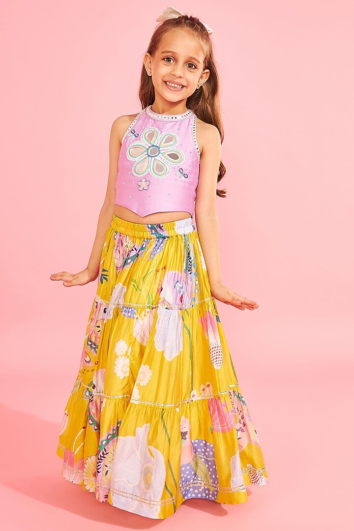 Yellow Cotton Chanderi Printed & Mirror Embroidered Lehenga Set For Girls by Joey and Pooh Kids at Pernia's Pop Up Shop