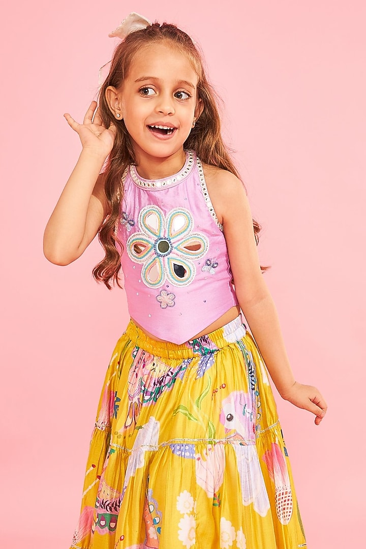 Yellow Cotton Chanderi Printed & Mirror Embroidered Lehenga Set For Girls by Joey and Pooh Kids at Pernia's Pop Up Shop
