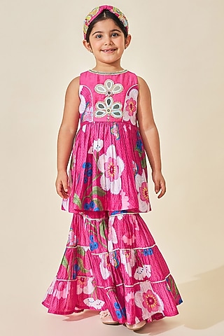 Pink Cotton Chanderi Printed Sharara Set For Girls by Joey and Pooh Kids