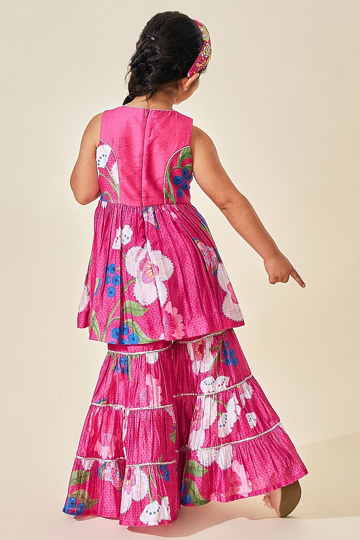 Pink Cotton Chanderi Printed Sharara Set For Girls by Joey and Pooh Kids at Pernia's Pop Up Shop