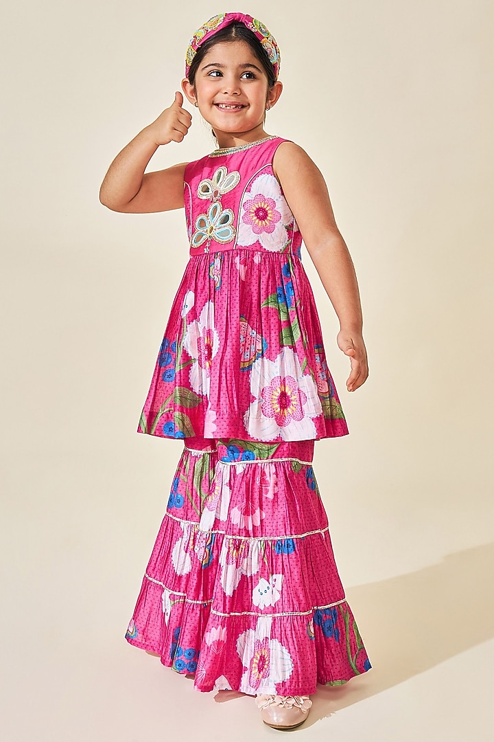 Pink Cotton Chanderi Printed Sharara Set For Girls by Joey and Pooh Kids at Pernia's Pop Up Shop