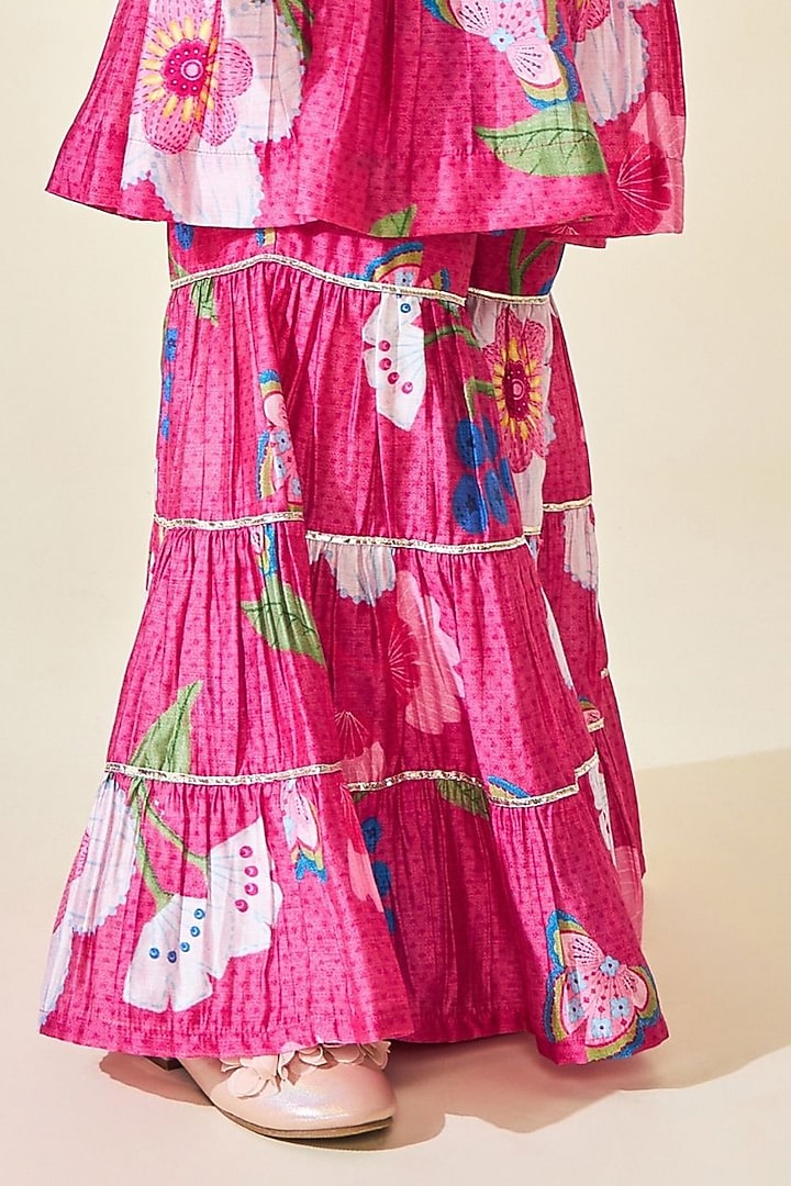 Pink Cotton Chanderi Printed Sharara Set For Girls by Joey and Pooh Kids at Pernia's Pop Up Shop