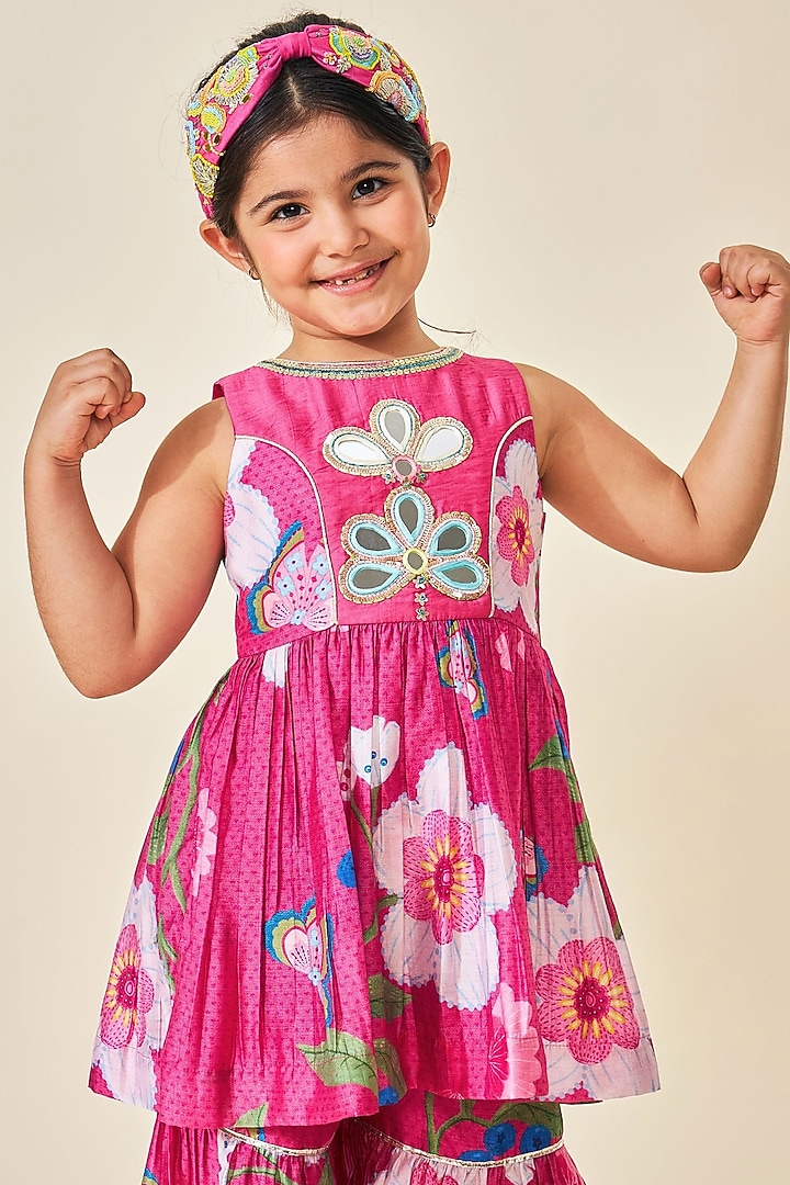 Pink Cotton Chanderi Printed Sharara Set For Girls by Joey and Pooh Kids at Pernia's Pop Up Shop