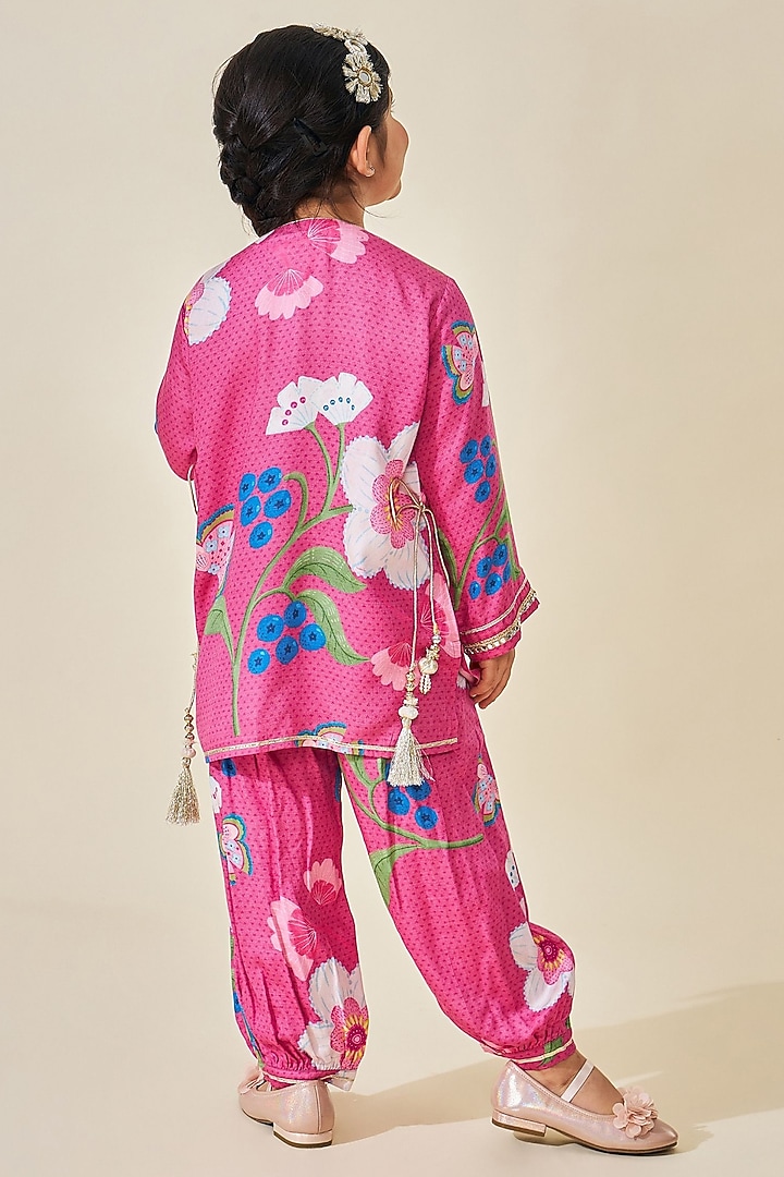 Pink Modal Satin Embroidered & Printed Kurta Set For Girls by Joey and Pooh Kids at Pernia's Pop Up Shop