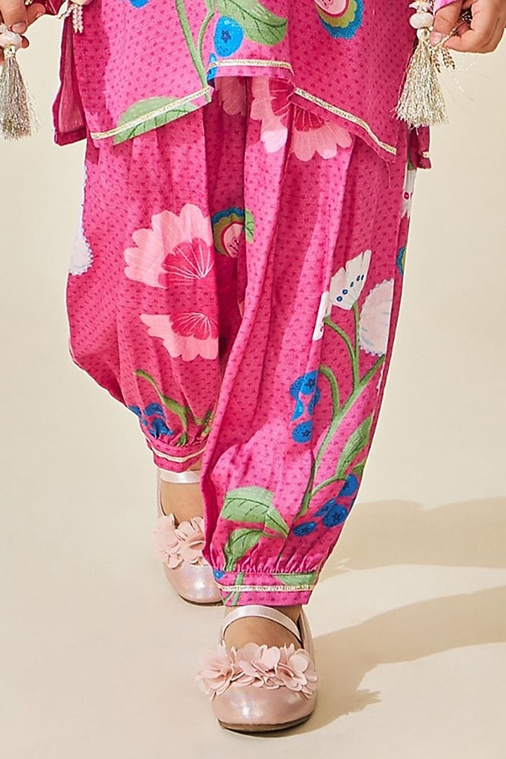 Pink Modal Satin Embroidered & Printed Kurta Set For Girls by Joey and Pooh Kids at Pernia's Pop Up Shop