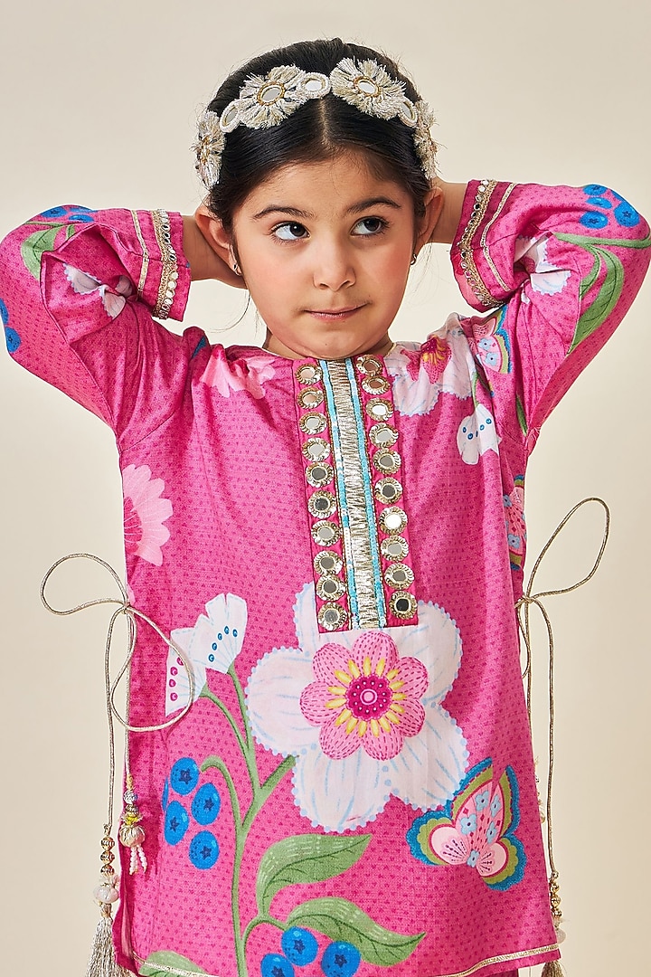 Pink Modal Satin Embroidered & Printed Kurta Set For Girls by Joey and Pooh Kids at Pernia's Pop Up Shop