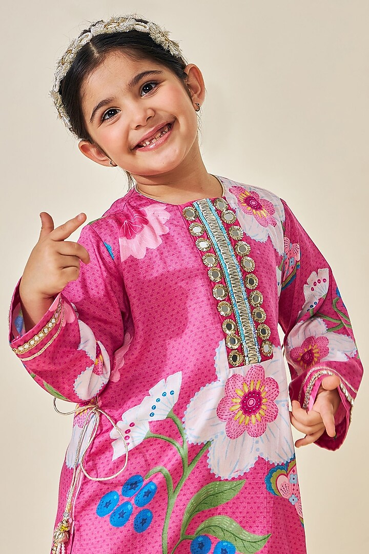 Pink Modal Satin Embroidered & Printed Kurta Set For Girls by Joey and Pooh Kids at Pernia's Pop Up Shop