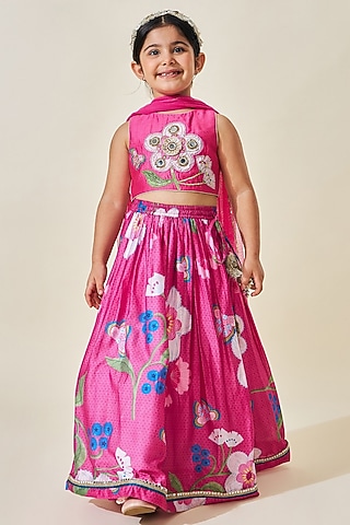 Pink Cotton Chanderi Printed Lehenga Set For Girls by Joey and Pooh Kids