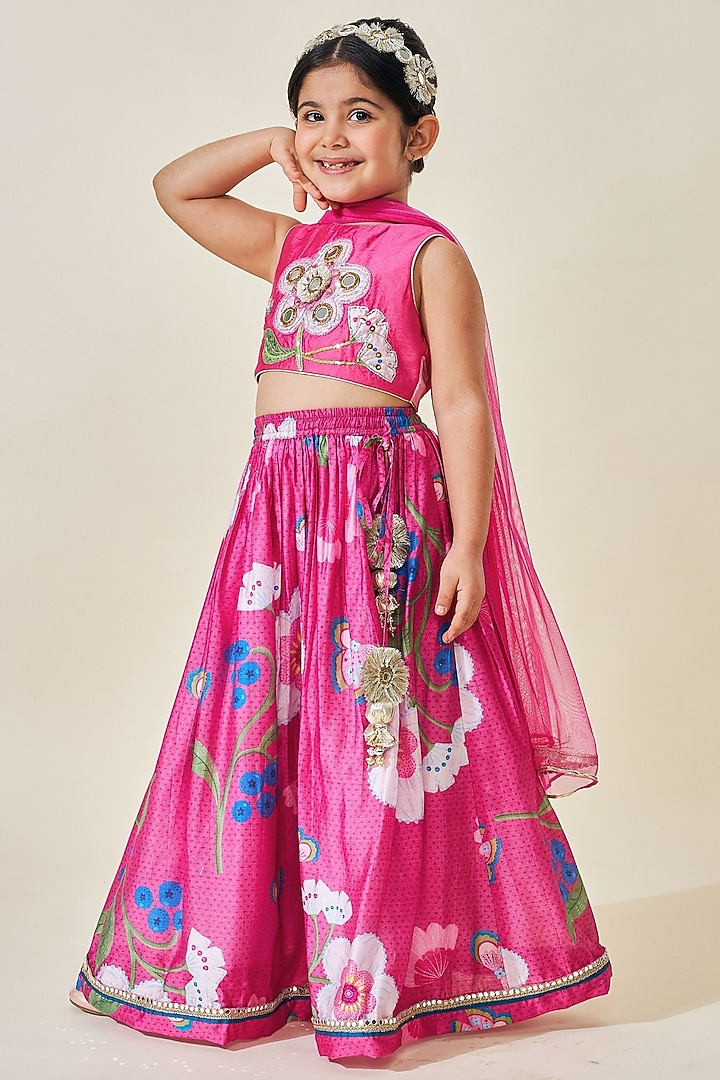 Pink Cotton Chanderi Printed Lehenga Set For Girls by Joey and Pooh Kids at Pernia's Pop Up Shop