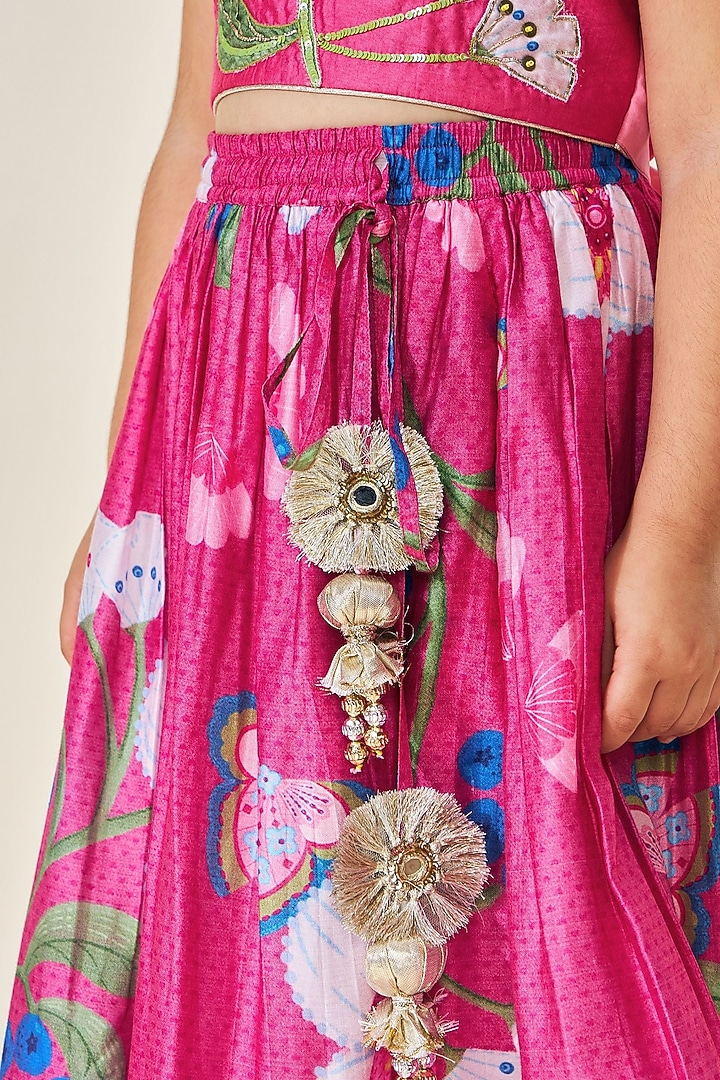 Pink Cotton Chanderi Printed Lehenga Set For Girls by Joey and Pooh Kids at Pernia's Pop Up Shop