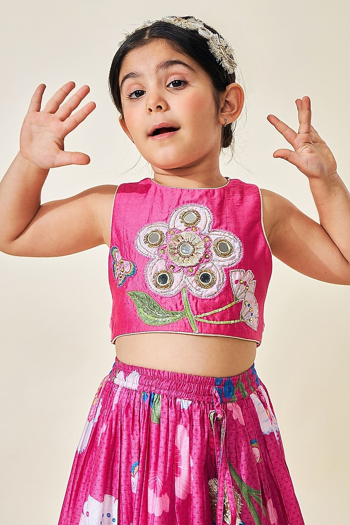 Pink Cotton Chanderi Printed Lehenga Set For Girls by Joey and Pooh Kids at Pernia's Pop Up Shop