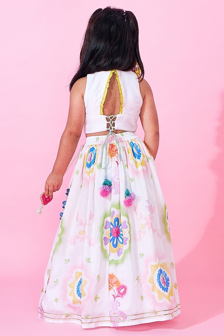 White Cotton Chanderi Printed Lehenga Set For Girls by Joey and Pooh Kids at Pernia's Pop Up Shop