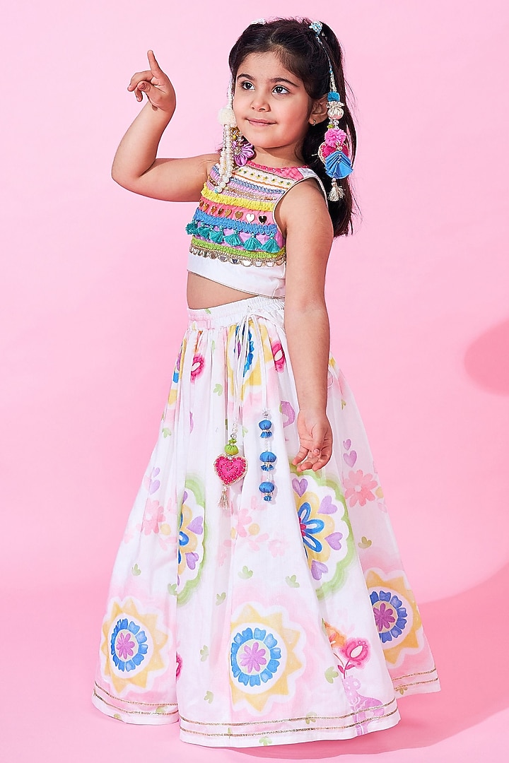 White Cotton Chanderi Printed Lehenga Set For Girls by Joey and Pooh Kids at Pernia's Pop Up Shop