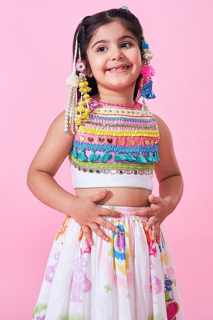 White Cotton Chanderi Printed Lehenga Set For Girls by Joey and Pooh Kids at Pernia's Pop Up Shop