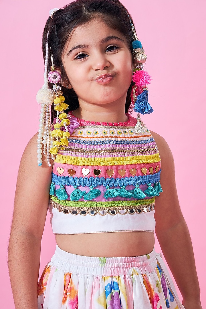 White Cotton Chanderi Printed Lehenga Set For Girls by Joey and Pooh Kids at Pernia's Pop Up Shop