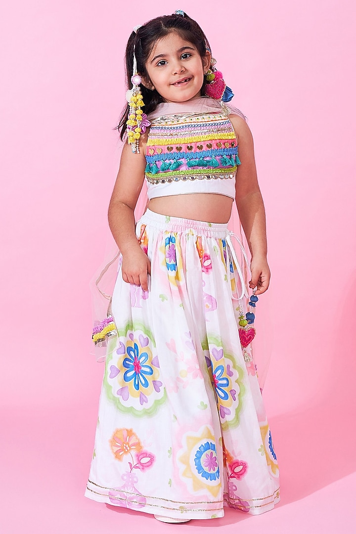 White Cotton Chanderi Printed Lehenga Set For Girls by Joey and Pooh Kids at Pernia's Pop Up Shop