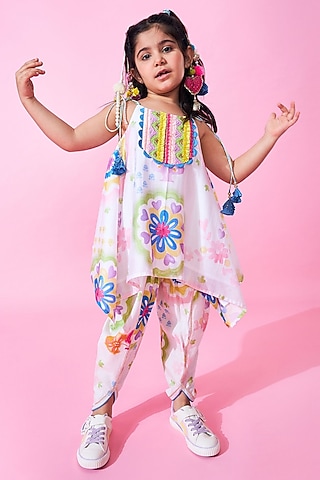 White Cotton Chanderi Printed & Hand Embroidered Kurta Set For Girls by Joey and Pooh Kids
