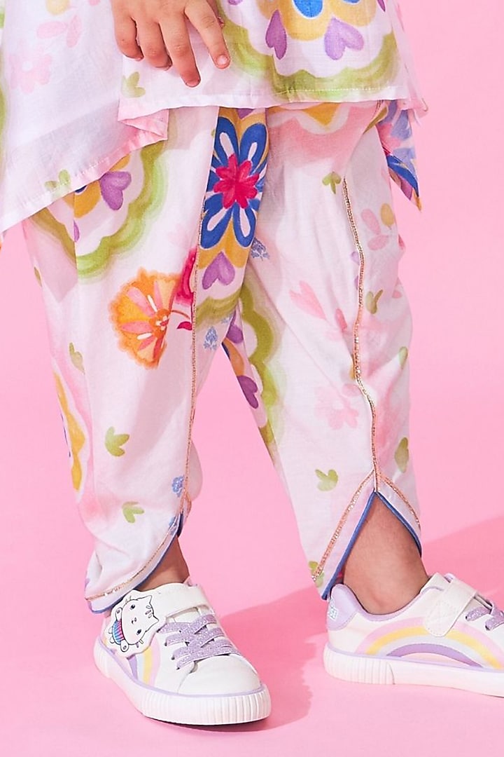 White Cotton Chanderi Printed & Hand Embroidered Kurta Set For Girls by Joey and Pooh Kids at Pernia's Pop Up Shop