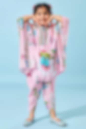 Light Pink Crepe Printed & Embroidered Kaftan Set For Girls by Joey and Pooh Kids at Pernia's Pop Up Shop