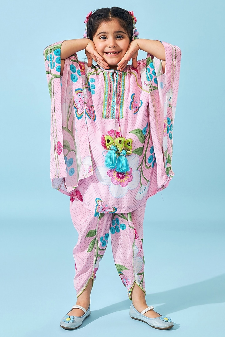 Light Pink Crepe Printed & Embroidered Kaftan Set For Girls by Joey and Pooh Kids at Pernia's Pop Up Shop