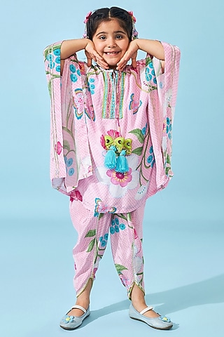 Light Pink Crepe Printed & Embroidered Kaftan Set For Girls by Joey and Pooh Kids