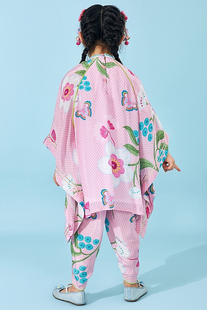 Light Pink Crepe Printed & Embroidered Kaftan Set For Girls by Joey and Pooh Kids at Pernia's Pop Up Shop