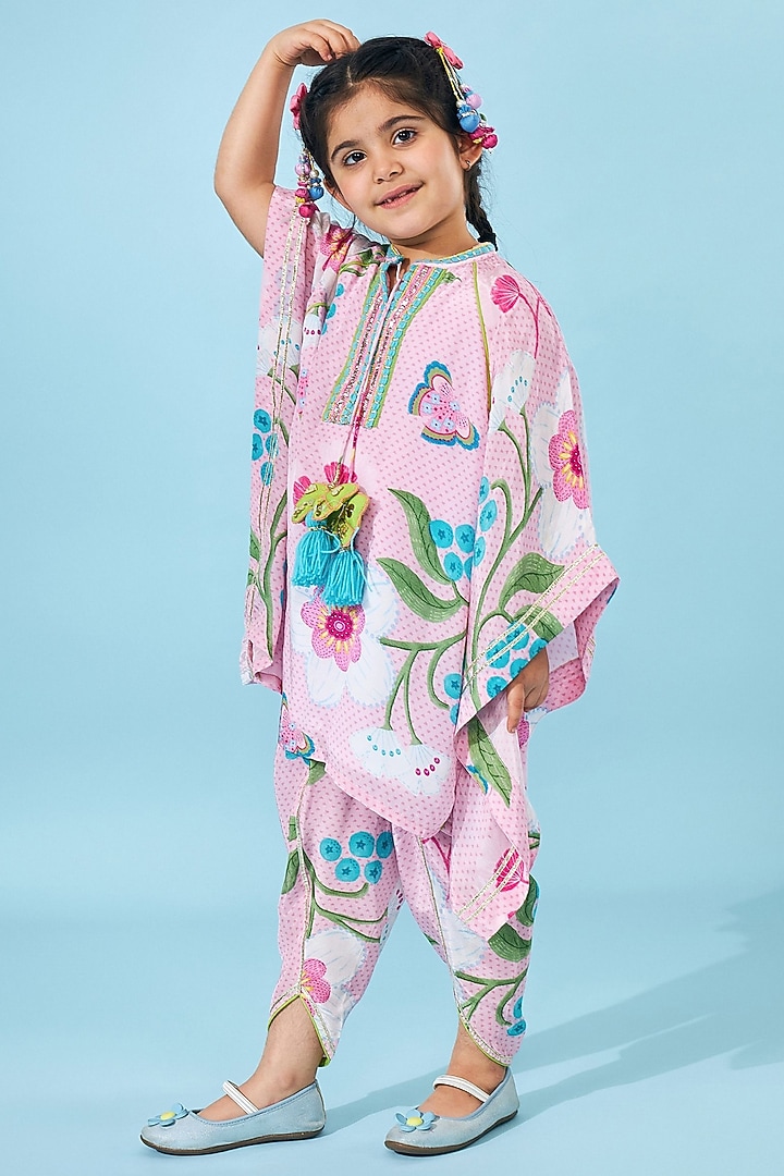 Light Pink Crepe Printed & Embroidered Kaftan Set For Girls by Joey and Pooh Kids at Pernia's Pop Up Shop