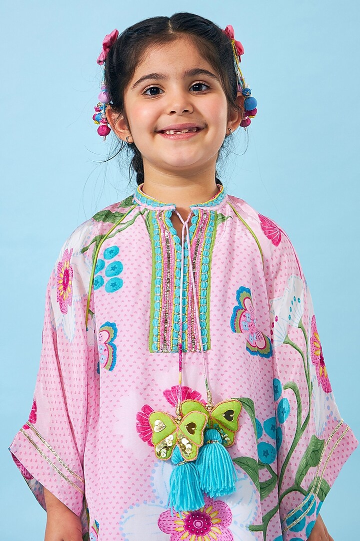 Light Pink Crepe Printed & Embroidered Kaftan Set For Girls by Joey and Pooh Kids at Pernia's Pop Up Shop